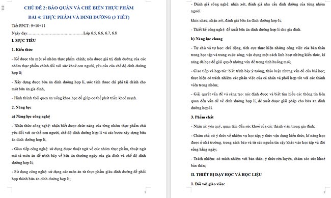 Giáo án Công nghệ 6 Thực phẩm và dinh dưỡng
