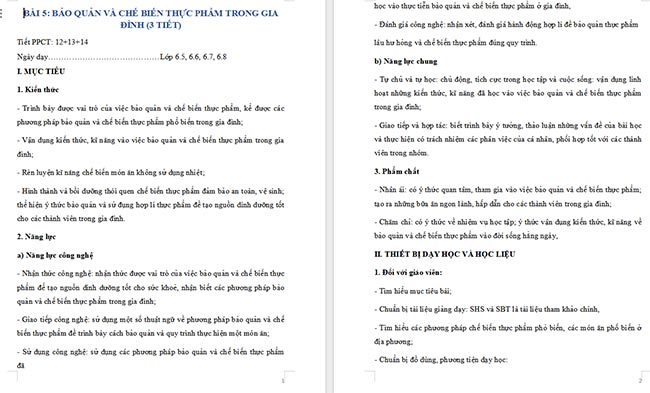 Giáo án Công nghệ 6 Bảo quản và chế biến thực phẩm trong gia đình