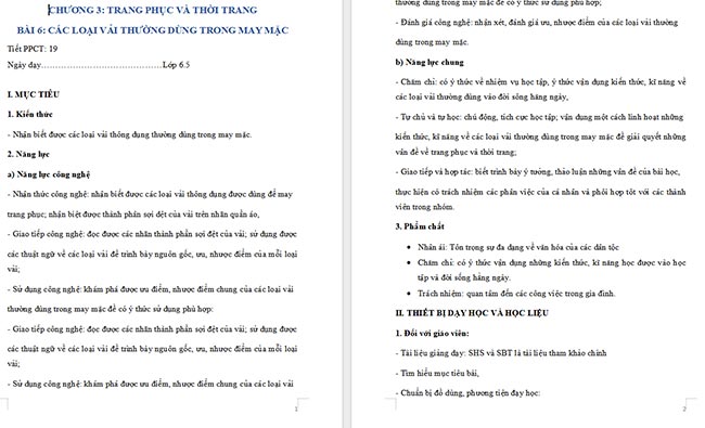 Giáo án Công nghệ 6 Các loại vải thường dùng trong may mặc