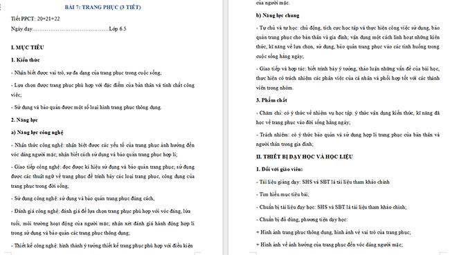 Giáo án Công nghệ 6 Trang phục