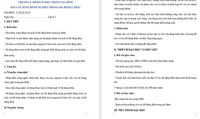 Giáo án Công nghệ 6 Sử dụng đồ dùng điện trong gia đình