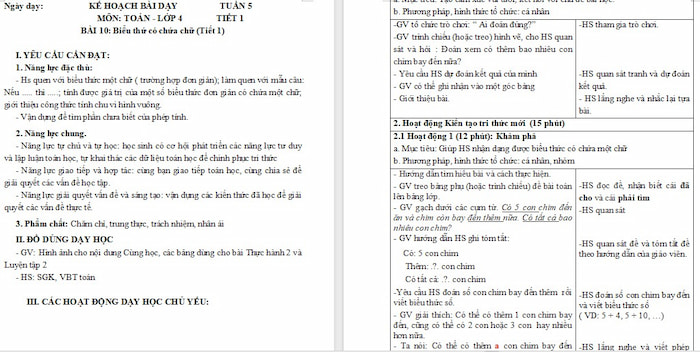 Giáo án Toán 4: Biểu thức có chứa chữ