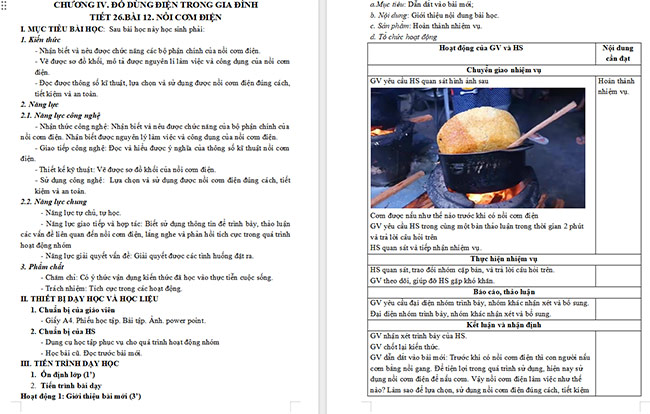 Giáo án Công nghệ 6 Nồi cơm điện