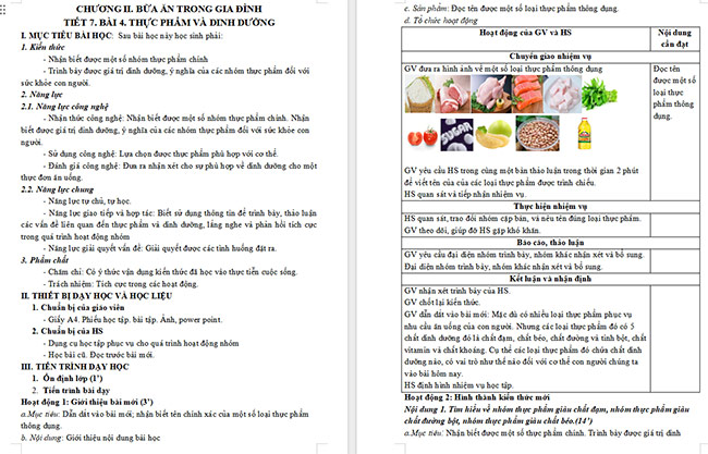 Giáo án Công nghệ 6 Thực phẩm và dinh dưỡng