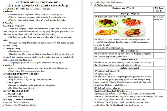 Giáo án Công nghệ 6 Phương pháp bảo quản và chế biến thực phẩm