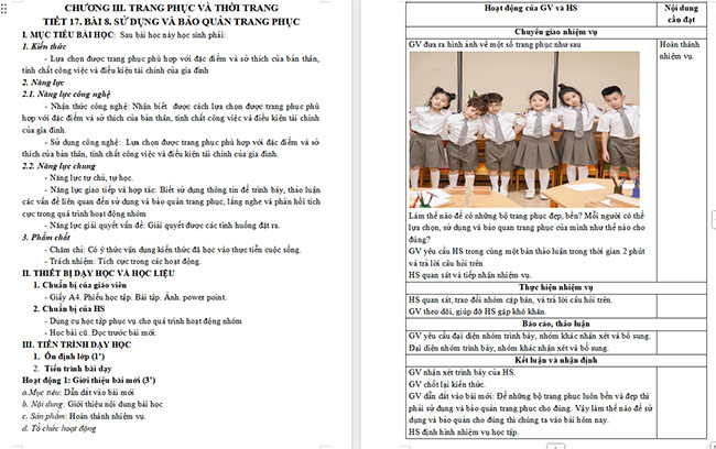 Giáo án Công nghệ 6 Sử dụng và bảo quản trang phục