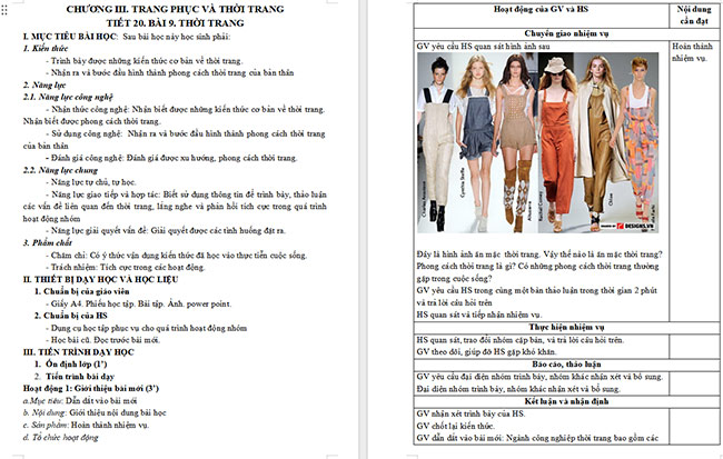 Giáo án Công nghệ 6 Thời trang
