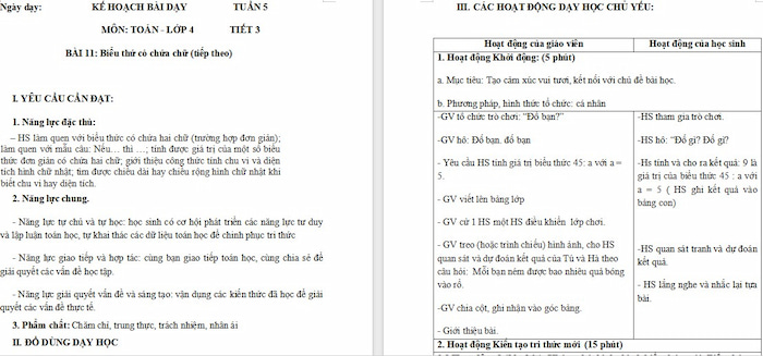 Giáo án Toán 4: Biểu thức có chứa chữ (tiếp theo)