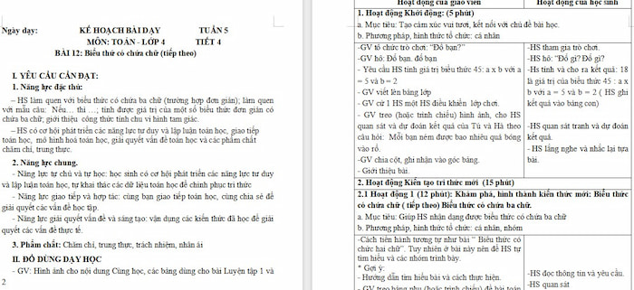 Giáo án Toán 4: Biểu thức có chứa chữ (tiếp theo)