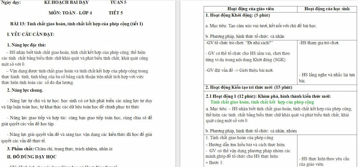 Giáo án Toán 4: Tính chất giao hoán, tính chất kết hợp của phép cộng