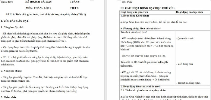 Giáo án Toán 4: Tính chất giao hoán, tính chất kết hợp của phép nhân
