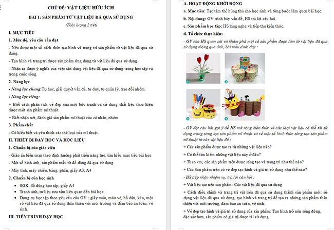 Giáo án Mĩ thuật 6 Sản phẩm từ vật liệu đã qua sử dụng