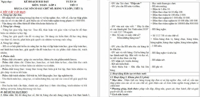 Giáo án Toán 4: Các số có sáu chữ số. Hàng và lớp