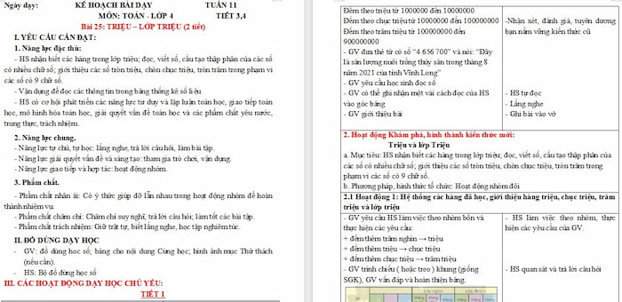 Giáo án Toán 4: Triệu, lớp triệu
