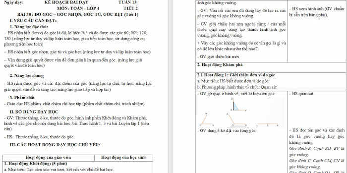 Giáo án Toán 4: Đo góc – Góc nhọn, góc tù, góc bẹt