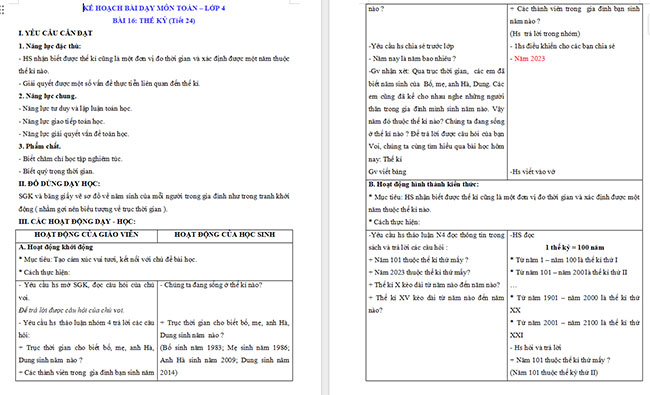 Giáo án Toán 4 Thế kỉ