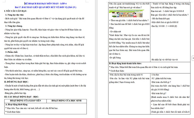 Giáo án Toán 4 Bài toán liên quan đến rút về đơn vị