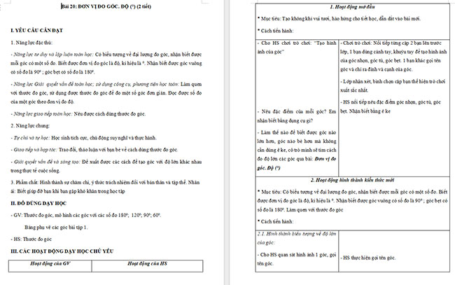 Giáo án Toán 4 Đơn vị đo góc. Độ (°)