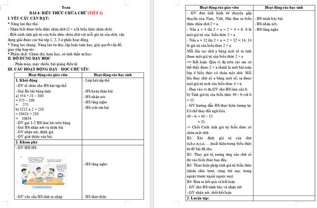 Giáo án Toán 4 Biểu thức chứa chữ