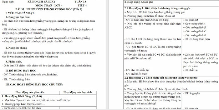Giáo án Toán 4: Hai đường thẳng vuông góc