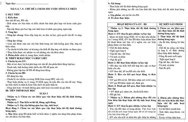 Giáo án HĐTN 6 Chăm sóc cuộc sống cá nhân