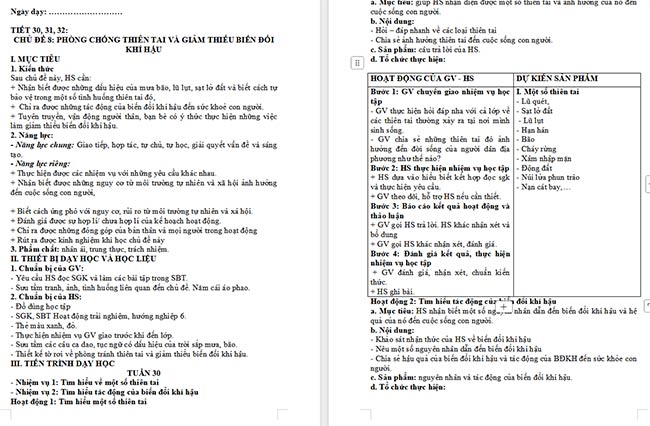 Giáo án HĐTN 6 Phòng tránh thiên tai và giảm thiểu biến đổi khí hậu
