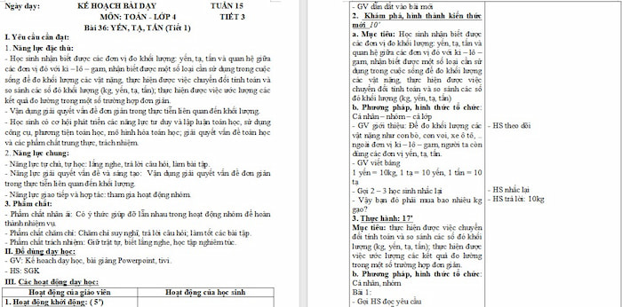 Giáo án Toán 4: Yến, tạ, tấn