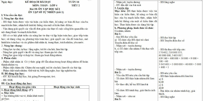 Giáo án Toán 4: Ôn tập học kì 1