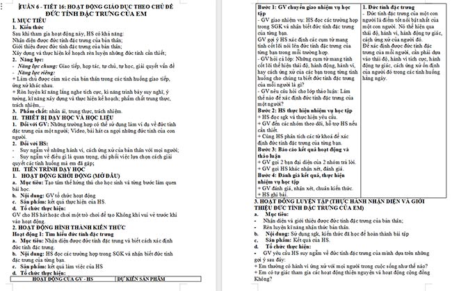 Giáo án Hoạt động trải nghiệm 6: Đức tính đặc trưng của em