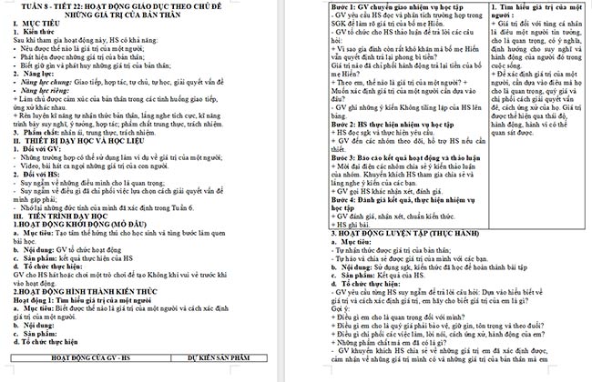 Giáo án Hoạt động trải nghiệm 6: Những giá trị của bản thân