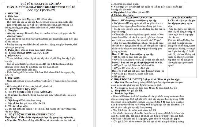 Giáo án Hoạt động trải nghiệm 6: Góc học tập của em