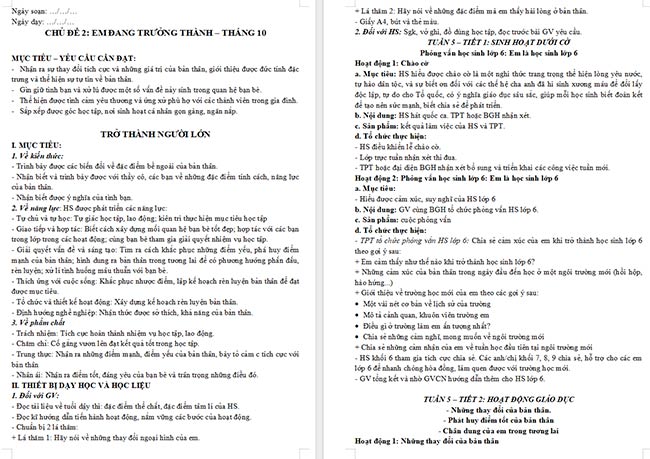 Giáo án HĐTN 6 Trở thành người lớn