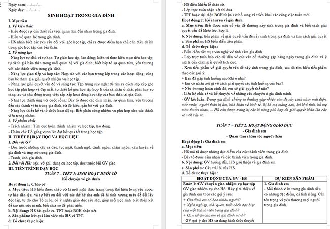 Giáo án HĐTN 6 Sinh hoạt trong gia đình