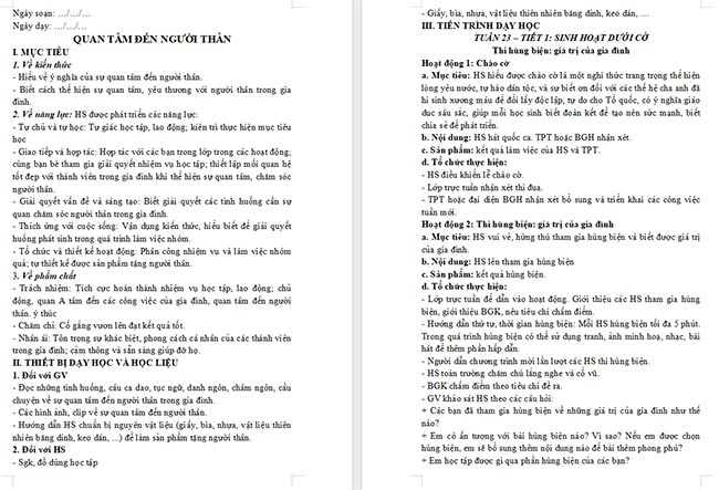 Giáo án HĐTN 6 Quan tâm đến người thân