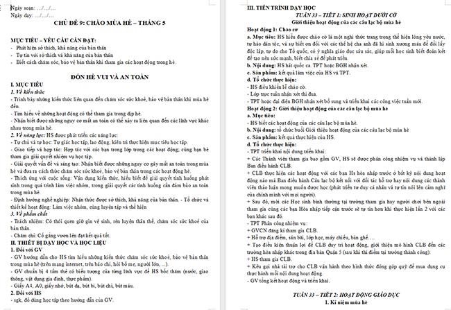 Giáo án HĐTN 6 Đón mùa hè an toàn