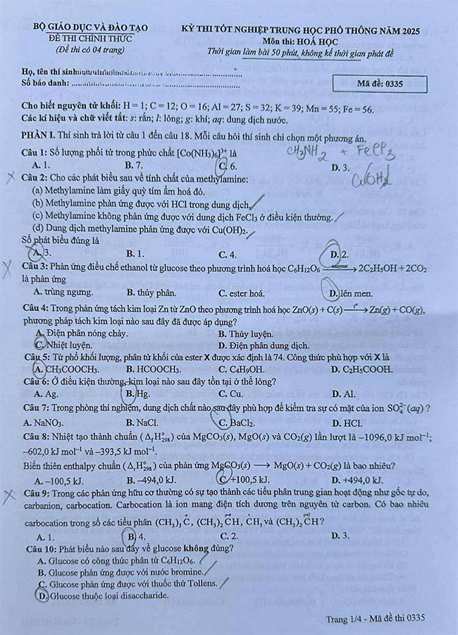 Đề thi môn Hóa học THPT Quốc gia 2025