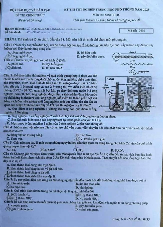 Đề thi Sinh học THPT Quốc gia 2025
