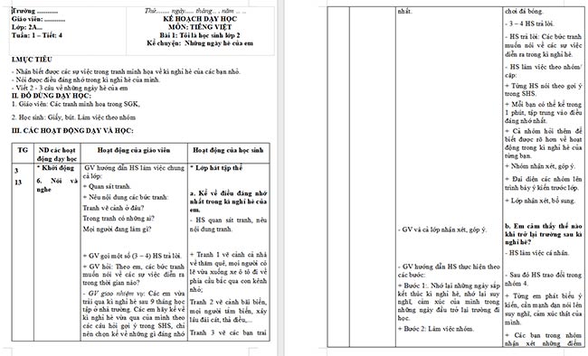 Giáo án Tiếng Việt 2 Những ngày hè của em