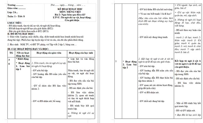 Giáo án Tiếng Việt 2 Từ ngữ chỉ sự vật, hoạt động. Câu giới thiệu