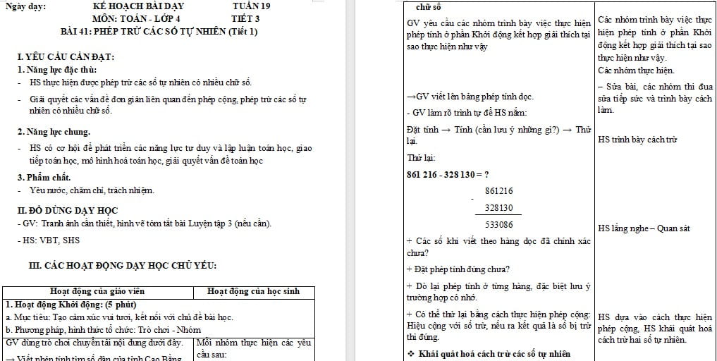 Giáo án Toán 4: Phép trừ các số tự nhiên
