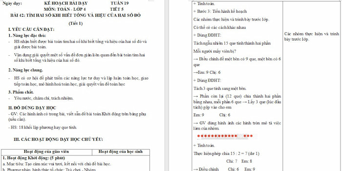 Giáo án Toán 4: Tìm hai số khi biết tổng và hiệu của hai số đó