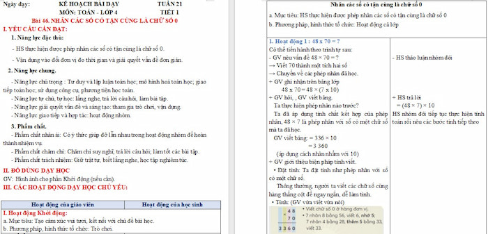 Giáo án Toán 4: Nhân các số có tận cùng là chữ số 0