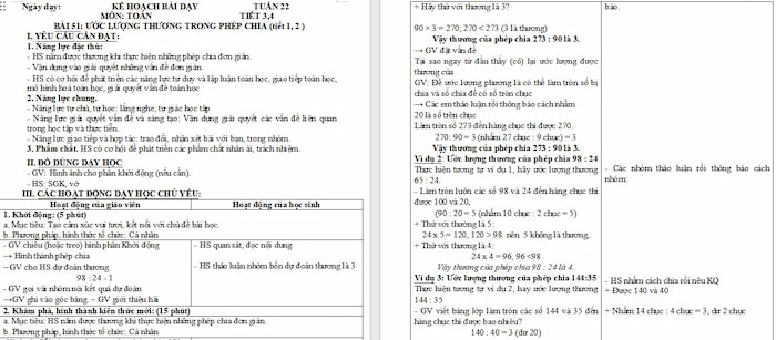Giáo án Toán 4: Ước lượng thương trong phép chia