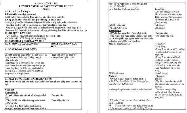 Giáo án Tiếng Việt 5 Liên kết câu bằng cách thay thế từ ngữ