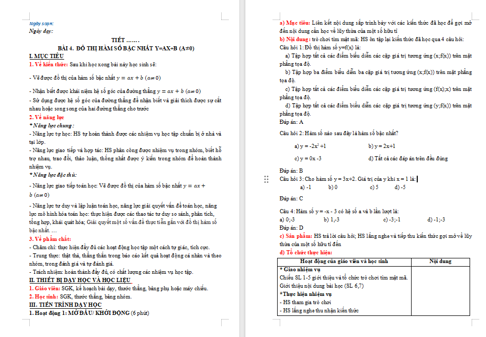 Giáo án Toán 8 Bài 4: Đồ thị của hàm số bậc nhất y = ax + b