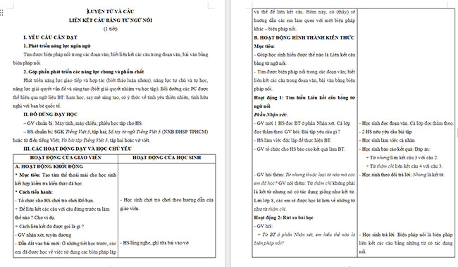 Giáo án Tiếng Việt 5 Liên kết câu bằng từ ngữ nối