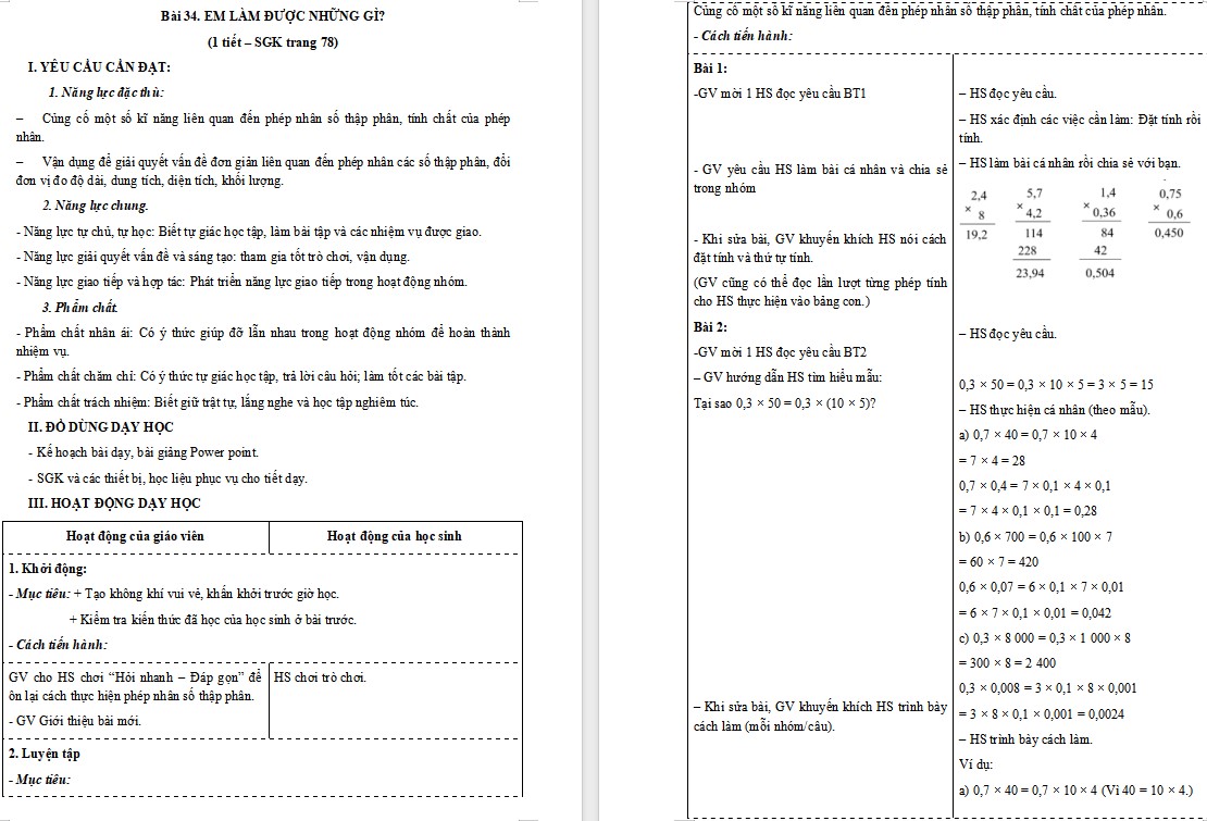 Giáo án Toán 5 Bài 34 file word