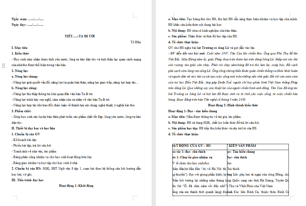 Giáo án Ngữ văn 8 Bài 1: Ta đi tới