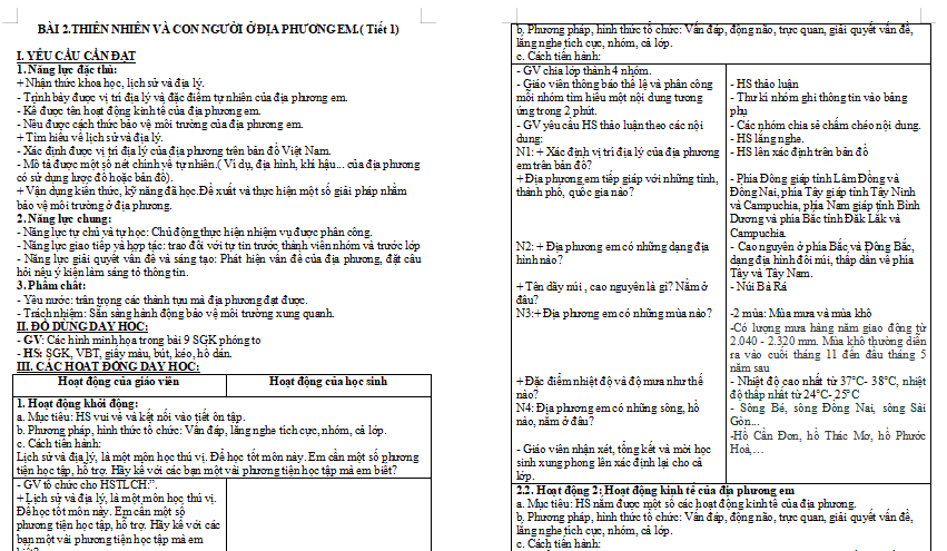 Bài 2: Thiên nhiên và con người địa phương