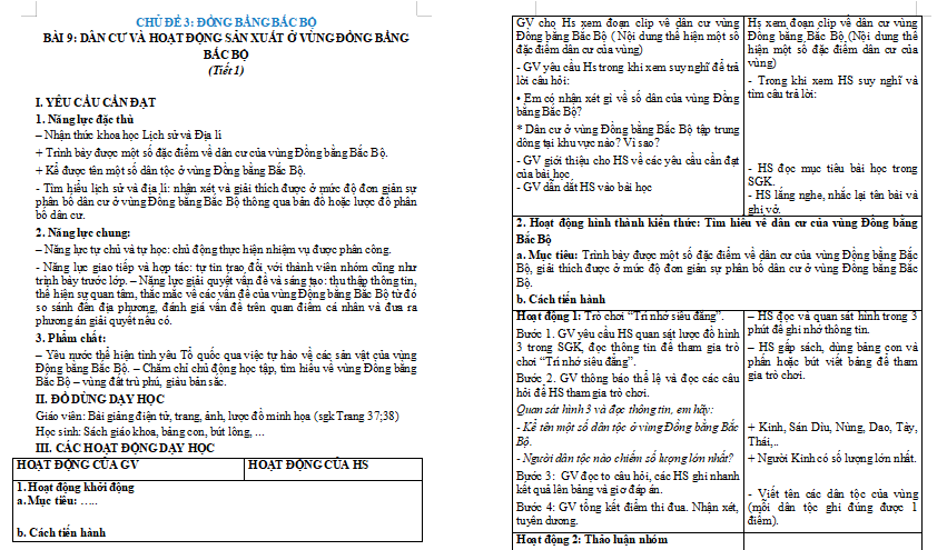 Giáo án Lịch Sử và Địa Lí 4 Bài 9: Dân cư và hoạt động sản xuất ở vùng đồng bằng Bắc Bộ